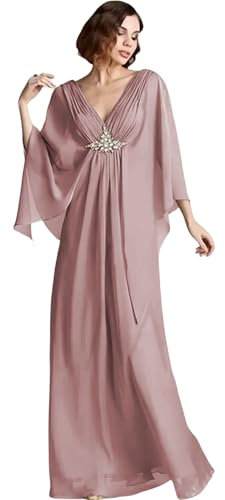 CLcaojun Robe longue en mousseline de soie avec col en V et cape pour mariage, banquet, cérémonie, soirée, bal de fin d'année, robe de mère, vieux rose, 56