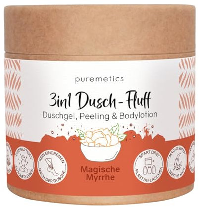 puremetics 3in1 Dusch-Fluff (250g) | Duschgel, Peeling und Lotion in Einem | vegan & plastikfrei | pflegend, hautverfeinernd & glättend | Zucker Meersalz Peeling | Zero Waste (Magische Myrrhe)