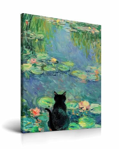 HesenDot Black Cat Framed Wall Art,30x40CM Claude Monet Waterlily Cat Canvas Print,Funny Animal Painting Poster Wall Decor for Home Living Room Kid Bedroom Bathroom,Set of 1