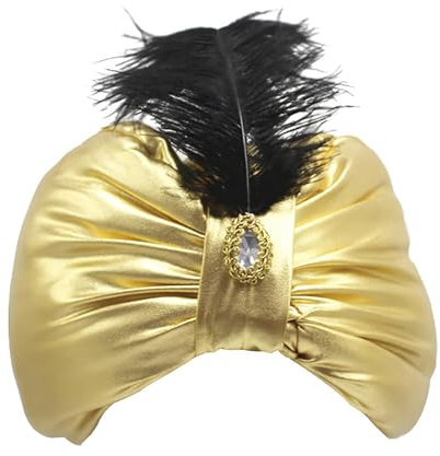 Damen Vintage Turban Hut mit Edelstein & Feder Dekoration Beanie Cap Headwrap Turban - Vintage Sultan Kopfbedeckung Aladin Hut Neuheit Arabische Hüte für Halloween Gold, gold, 24*17cm/9.45*6.69inch