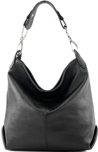 modamoda de T168 Damen Leder Schultertasche Henkeltasche Medium handmade in Italy, Farbe:Jet Black
