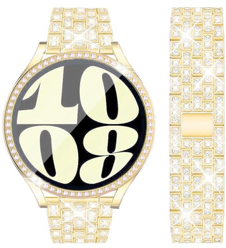 DEALELE Armband und Gehäuse Gehärtetem Glas Kompatibel mit Samsung Galaxy Watch 6 40mm, 20mm Glitzer Diamant Metall Armbänder mit Schutzhülle mit Displayschutz Ersatz für Damen Herren (Gold)