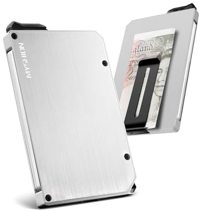 MYSHION Metall Kartenetui Herren mit Geldklammer, Minimalist Pop-Up Slim Wallet, RFID Schutz, Karten Portemonnaie mit Aufhängeloch, Aluminium Card Holder für 6–8 Karten - Silberweiß