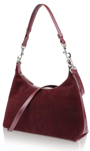 MoreFarther Wildleder und Echtes Leder Schultertasche Damen, Handtasche Damen Mittelgroß mit Abnehmbarer Schultergurt zum Crossbody Bag, Umhängetasche mit Reißverschluss(Weinrot)