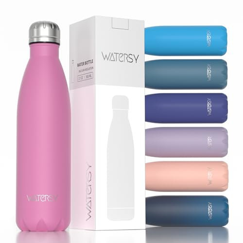 WATERSY Stainless Steel Insulated Water Bottle, Double Walled Metal Vacuum Flask Keep 24 Hrs Cold & 12 Hrs Hot Thermal Metal Sports Bottles 500ml BPA Free for Outdoor, Work, Gym, School (Gloss Pink)