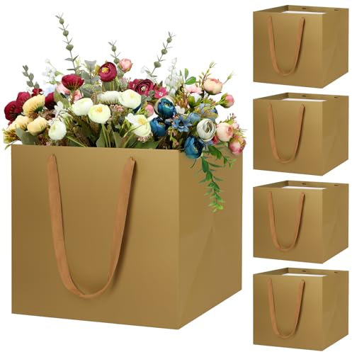 LVNRIDS 5 PCS Large Gift Bags, 11.8 inch Square Extra Large Paper Gift Bag for Presents Cake Bouquets Wedding Birthday Christmas Party Shopping Graduation Gold