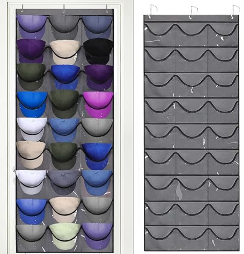 Baseball Kappen Halterung,Kappenhalter Tür,Cap Halterung Wand,Cap Organizer Tür,Cap Aufbewahrung,Cappy Halterung,Doppelte Faltbar Kappenhalter Organizer mit 27 Taschen,Tür Rückwand Cap Halters (Grau)