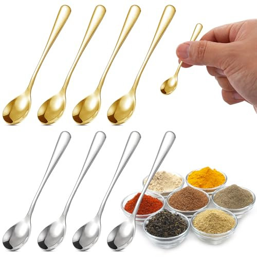 8PCS Tiny Stainless Steel Spoons for Spice Jars,Mini Size 7.5 cm, Cute Small 304 Stainless Steel Spice Spoon for Spices, Salt, Fun Little Scoops(Gold+Silver)