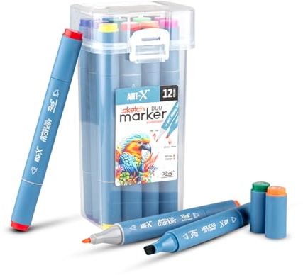 Rich ART-X Sketch Marker Set – 12 Farben Alkoholbasierte Marker, Dual Tip Stifte für Künstler, Illustration & Design, Doppelseitig 18046