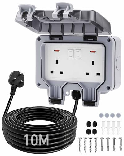 Kukkasilta 10m Heavy Duty Extension Lead with IP66 Waterproof Double Socket, Lockable Cover, 13A Outdoor Power for Garden, Poolside, Garage