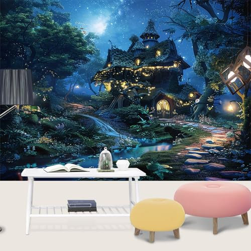 UHKGDS 3D Fairy Tale Magical Forest Wallpaper Foliage Tree House Kids Wallpaper Starry Night Sky Wall Mural Room Decor TV Background Large Wall Painting for Bedroom Living Room 100x70cm