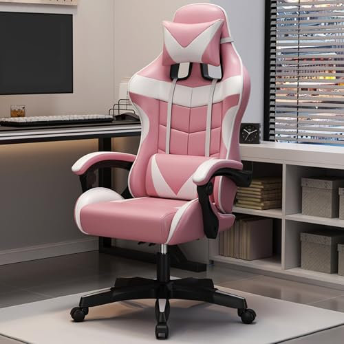 ZERAPH Ergonomic Gaming Office Computer Desk mit Schaukelstuhl Comfy Gamer PC Workstation mit Hals -Kopfstütze -Bluetooth -Lautsprechern Verstellbare RGB -Licht- und Lumbalunterstützung Pink A