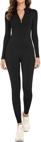 adorence Damen Sport Jumpsuit Lang Eng, Yoga Overall mit Reißverschluss, Langarm Sport Einteiler Romper Bodycon, Rollkragen Bodysuit Women Fitness Workout -Schwarz,XL