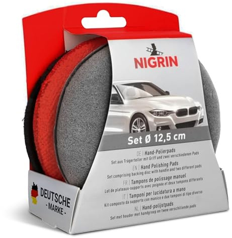 NIGRIN Hand-Polierpads, zum gleichmäßigen Auftragen von Polituren und Wachsen, mit Trägerteller und 2 Polierpads Mikrofaser & Glatt, 12,5 cm Durchmesser, 3-teiliges Set