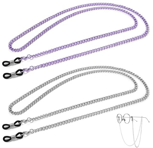 Culinavog Brillenkette Damen, 2 Stück Elegante Sonnenbrillen Kette, Einfach zu reinigen, Sonnebrillen Band für Herren, Brillenhalter für Lesebrillen, Sonnenbrillen und Sportbrillen (Silber, Violett)