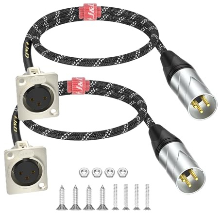 J&D XLR-Kabel D-Typ, XLR Stecker-zu-Buchse Audiokabel mit Nylonummantelung, Lötfreier Pass-Through-Anschluss für Stagebox, Patchpanel, Panelmontage, Bodenbox, Pro Audio, 2 Stück, 0,6 m
