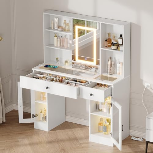 Zstar Schminktisch mit Spiegel & LED Beleuchtung Beleuchteter Frisiertisch mit 3-Farben-LED, Schiebespiegel, kratzfester Glasplatte, Schubladen, Regenbogen-Glasvitrinen, USB/AC-Steckdosen, MDF