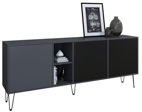 Vladon Sideboard Havana, TV-Schrank mit 3 Türen und 2 offene Fächer, Kommode Made in Germany, Anthrazit matt/Schwarz matt (181,5 x 73 x 35 cm)