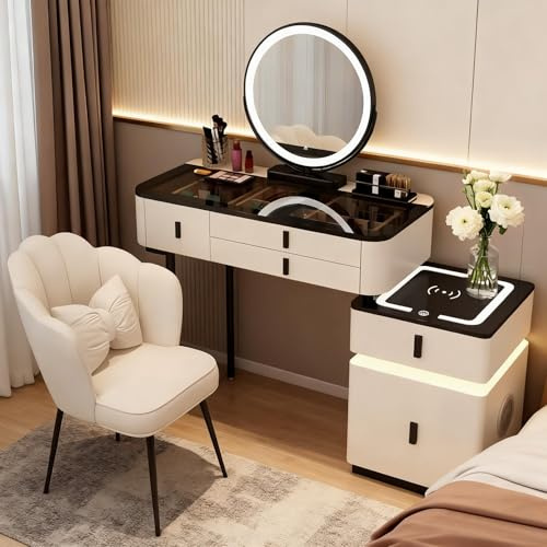 Schminktisch mit Beleuchtung, Kosmetiktisch mit Stuhl und Smart Spiegel, Make Up Tisch mit Bluetooth-Lautsprecher und kabellosem Laden, Frisiertisch für Mädchen Frauen (Weiß und Schwarz, 100cm)