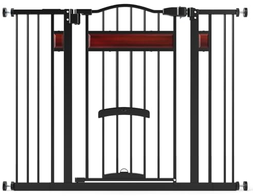 GYMAX Barrière de Sécurité Largeur Extensible 74-104cm pour Chien Chat Enfants, avec Chatière Inférieure, Double Verrouillage, Montage par Pression ou Perçage, pour Escalier Porte (Noir)