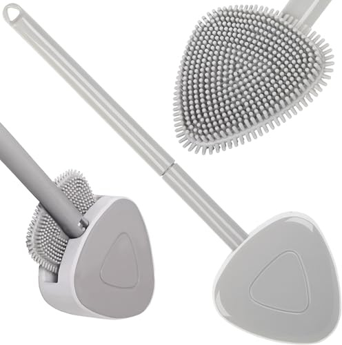 PARENCE – Silikon-Toilettenbürste mit Wandhalterung – kompakt, hygienisch und antibakterielles Design – Flexible Bürste + Klebehalter – grau oder weiß