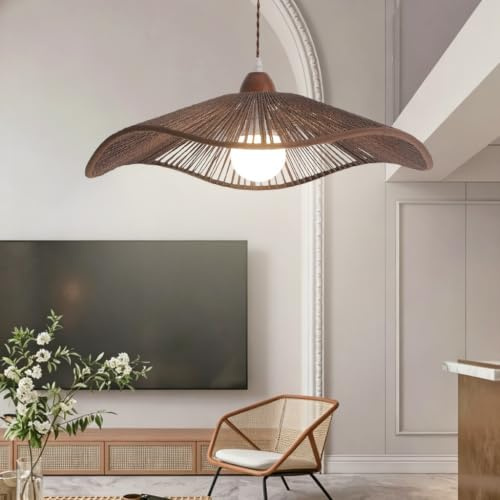 JOJOM Lampe tissée à la main Marron de Noyer Lustre au look bohème Corde de Chanvre suspension luminaire Hauteur Réglable Pour salon cuisine chambre Restaurant Salon de thé(A42)