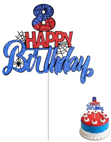 Spider Birthday Cake Topper, Red and Blue Glitter Double-Sided Spider Theme Happy Birthday Cupcake Topper for Cartoon Themed Boys Girls Party Decoration Supplies(Number 8)