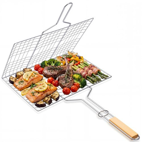 The Fellie BBQ Grill Basket, Lightweight Portable Fish Grilling Basket for Fish Vegetables, Wooden Handle Plating Barbecue Grill Basket Net Accessories for Outdoor Camping Barbecue Party, 38.5*28 CM