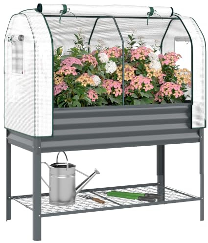 Outsunny Huerto Urbano Elevado con Cubierta 120x55x140 cm Gris Oscuro | Mesa de Cultivo, Metal Galvanizado, Estante Inferior, Forro para Cultivo, PE de 140 g/m², Plantas y Flores