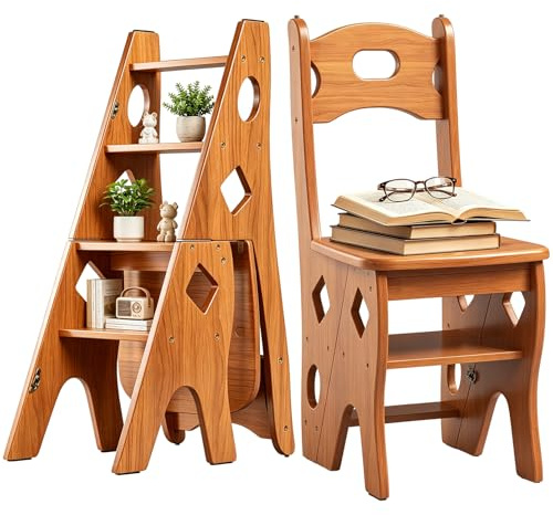 Escalera de 4 Peldaños, Taburete y Silla 2 en 1, Taburete Doméstico | Silla Plegable de Madera Maciza para Biblioteca(Capacidad de Carga de 180kg),Escalera de Mano para Cocina,Hogar y Biblioteca