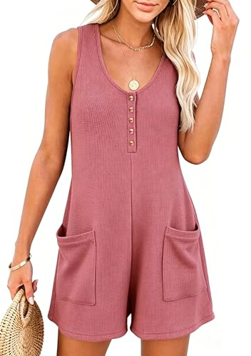 Vossmi Tuta Donna Elegante Senza Maniche Tute da Spiaggia Scollo a V Casual Tutine Larga Pantaloncini Salopette Corta Jumpsuit con Tasche Tutina Estate Rosa,S