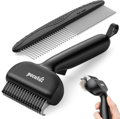 Pecute Rastrillo de Pelo Muerto para Mascotas, Cepillo de Subpelo | Autolimpiante Cepillo para Rebajar el Subpelo, Kit de Aseo con Peines Acero Inoxidable para Pelo Largo(Negro)