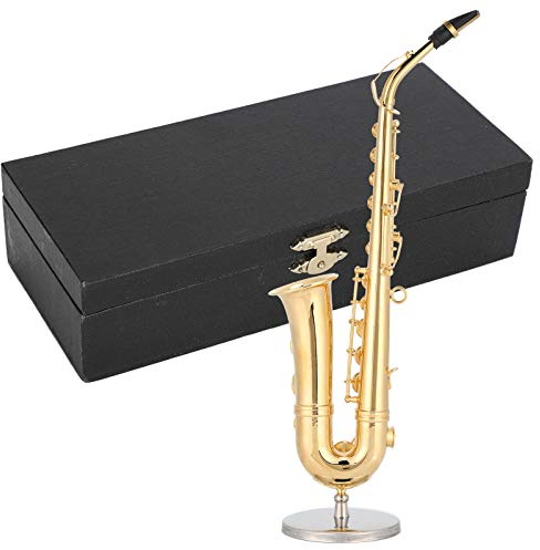 Kukyller Mini-Saxophon-Dekoration, 19 cm Messing-Mini-Musikinstrument, Nachbildung, Sammlerfiguren, Modell mit Ständer und Koffer