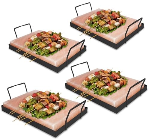 Jaxguom 4x Pack XXL Salzstein zum Grillen, 20x30x3cm Salz Grillsteine Mit Eisenplatte, Wiederverwendbar Salzgrillstein, Original Kristallsalz aus dem Vorgebirge, Salzplatte zum Grillen für BBQ