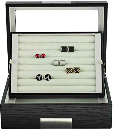 TIMELYBUYS Herren-Schmuckkästchen aus Ebenholz, für Manschettenknöpfe und Ringe, mit gravierbarem Design, Schwarz, 72 Cufflinks, Metall Kunstleder Holz