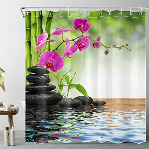LB Spa Duschvorhang 180x200cm mit Haken, Japanisch Zen Bad Gardinen Bambus Orchidee Schwarzer Stein Badezimmer Vorhang Wasser Beständig Antischimmel Waschbares Polyester Stoff