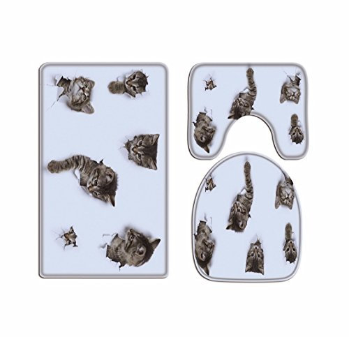 A.Monamour Badezimmer Badematte 3 Teilig Set Zehn Graue Kätzchen Katzen Spähen Aus Zerrissenen Papier Loch Lustige Tierdruck Teppich Flanell Saugfähig Badteppiche Badvorleger Badgarnitur WC Vorleger