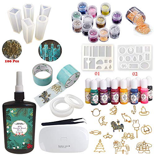 250g UV-Epoxidharz + 13 Farbpigmente + 12 Glitter & Pailletten + 9 Silikonformen + 14 Open Back-Blenden + 2 Tapes + 100 Ösen + Tragbare UV-Lampe + Pinzette, Schmuckherstellung Kit Anhänger Armbänder