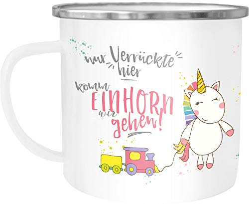 Moonworks Emaille Tasse Becher Nur Verrückte hier komm Einhorn wir gehen Unicorn Sprüche Spruch Kaffeetasse weiß-metall unisize