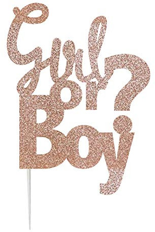 LissieLou Girl or Boy? Baby Shower Cake Topper Rose Gold Glitter Card Made in the UK