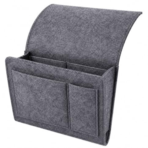jiuzcare Bedside Caddy, Grey Felt Bedside Organiser, 5-Pocket Hanging Bed Storage Pocket for Bed, Sofa, Armchair and Bunk Bed, Bed Pocket Organiser for Remote, Phone, Glasses, Tablet, Books and Cables