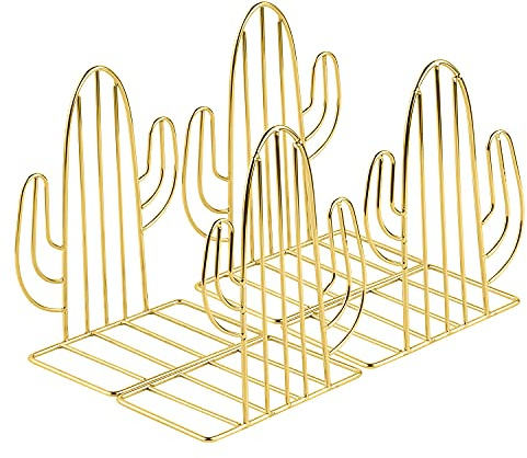 MSDADA - Serre-Livre Metal, 2 Paires Serre-Livres Enfants, Cactus Serre-Livres Design, pour Bureaux,Décoratifs, Étagères,Écoles et Librairie (Doré)