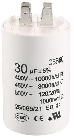 sourcing map CBB60 Run Capacitor 30uF 450V AC Double Insert 50/60Hz Cylinder 70x45mm White for Air Compressor Water Pump Motor