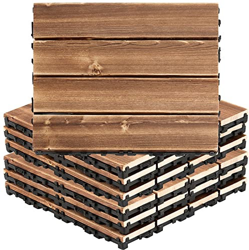 SEUNMUK 7 Pack 12 x 12 Interlocking Flooring Tiles, Patio Wood Deck Tiles, Thicken 2.5cm, DIY Interlocking Decking Tiles Outdoor Flooring for Patio Garden Deck Poolside, Brown
