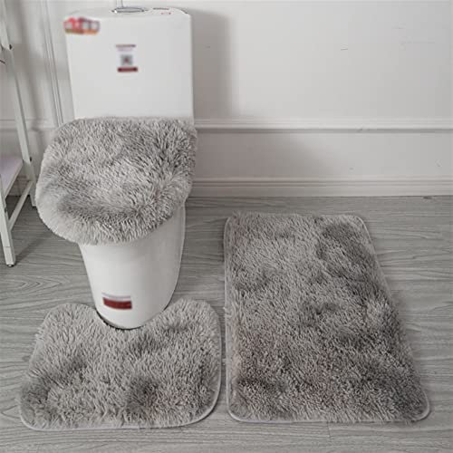 Lifup Badteppich Set 3 Teiliges, rutschfeste Shaggy Badematte, Flauschig Contour Badteppich, Langflor Toilettensitzbezug Tie Dye Grau 2