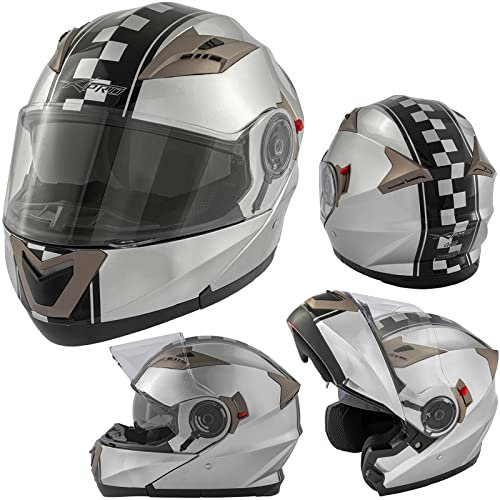 Motorradhelm Klapphelm Doppelvisier Grafik Touring ECE 22 Genehmigt Silber S