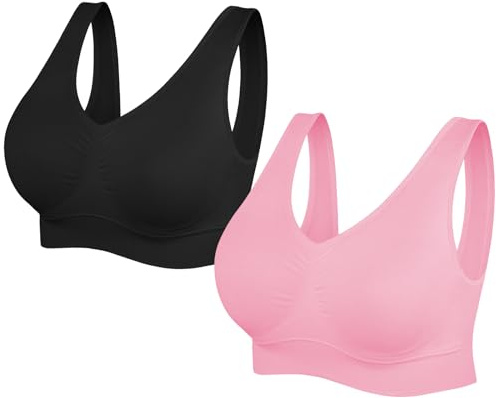 SIMIYA Super Comfort Bra, Womens Sports Bras Removable Pads Plus Size Sleep Bras for Girls in Yoga Bralette Leisure Stretch Crop Tops Vest (4XL, 2 Pack Black+Pink)