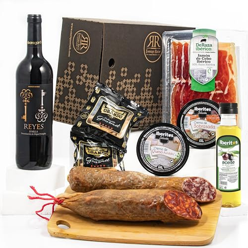 ENRIQUE RECH - Cesta Gourmet para Regalar - Embutidos Artesanales - Vino Tinto Jumilla Reyes - 2 Picos Rústicos Pan Obando - Pate Sobrasada 140g - Pate Crema Queso 140- Aceite de Oliva Virgen Extra