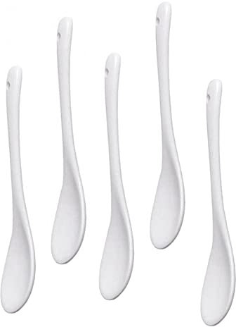 5 weiße Porzellan-Eierlöffel, Keramiklöffel, Kaffeelöffel, Dessertlöffel, Dip-Servierlöffel