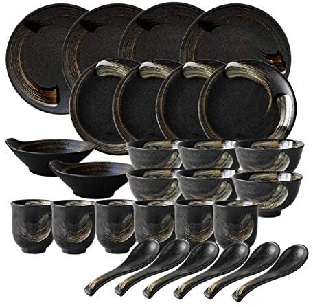 Porcelain Square Dinner Plate Setskitchen tableware set,Ceramics Dinnerware Set, Retro 28 Pieces Porcelain Dinner Set/Black Gold Circle